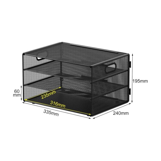 EasyPAG 3-layer desktop organizer, sturdy black metal mesh, promotes air circulation, portable handle, ideal for home or office. EasyPAG 3-layer desktop organizer, sturdy black metal mesh, promotes air circulation, portable handle, ideal for home or office.