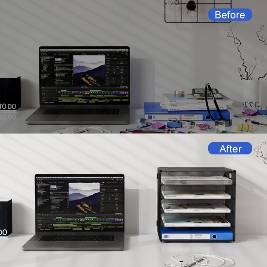 EasyPAG 5-layer desktop organizer, sturdy black metal mesh, promotes air circulation, portable handle, ideal for home or office. EasyPAG 5-layer desktop organizer, sturdy black metal mesh, promotes air circulation, portable handle, ideal for home or office.