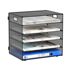 EasyPAG 5-layer desktop organizer, sturdy black metal mesh, promotes air circulation, portable handle, ideal for home or office.