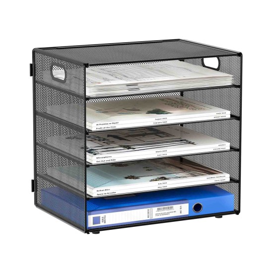 EasyPAG 5-layer desktop organizer, sturdy black metal mesh, promotes air circulation, portable handle, ideal for home or office. EasyPAG 5-layer desktop organizer, sturdy black metal mesh, promotes air circulation, portable handle, ideal for home or office.