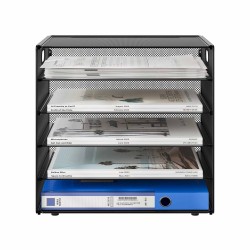 EasyPAG 5-layer desktop organizer, sturdy black metal mesh, promotes air circulation, portable handle, ideal for home or office.
