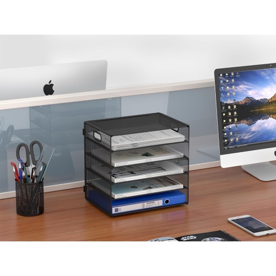 EasyPAG 5-layer desktop organizer, sturdy black metal mesh, promotes air circulation, portable handle, ideal for home or office. EasyPAG 5-layer desktop organizer, sturdy black metal mesh, promotes air circulation, portable handle, ideal for home or office.