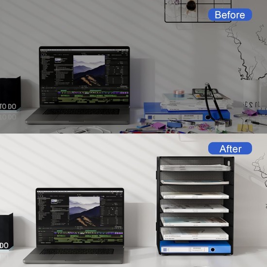 EasyPAG 7-layer desktop organizer, sturdy black metal mesh, promotes air circulation, portable handle, ideal for home or office. EasyPAG 7-layer desktop organizer, sturdy black metal mesh, promotes air circulation, portable handle, ideal for home or office.