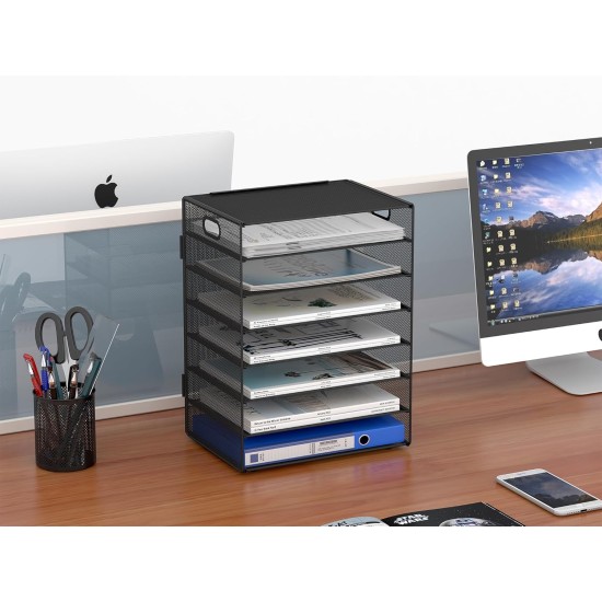 EasyPAG 7-layer desktop organizer, sturdy black metal mesh, promotes air circulation, portable handle, ideal for home or office. EasyPAG 7-layer desktop organizer, sturdy black metal mesh, promotes air circulation, portable handle, ideal for home or office.