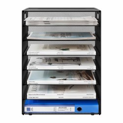 EasyPAG 7-layer desktop organizer, sturdy black metal mesh, promotes air circulation, portable handle, ideal for home or office.