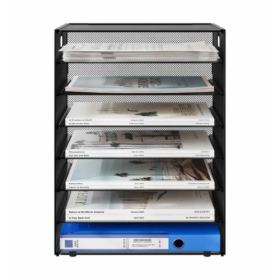 EasyPAG 7-layer desktop organizer, sturdy black metal mesh, promotes air circulation, portable handle, ideal for home or office. EasyPAG 7-layer desktop organizer, sturdy black metal mesh, promotes air circulation, portable handle, ideal for home or office.