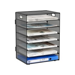 EasyPAG 7-layer desktop organizer, sturdy black metal mesh, promotes air circulation, portable handle, ideal for home or office.