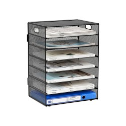 EasyPAG 7-layer desktop organizer, sturdy black metal mesh, promotes air circulation, portable handle, ideal for home or office.