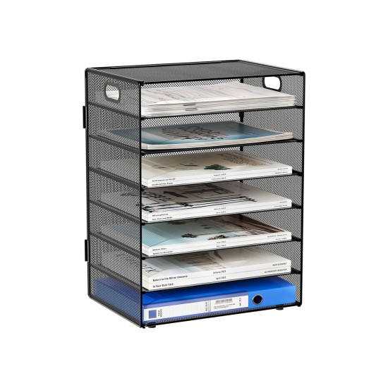 EasyPAG 7-layer desktop organizer, sturdy black metal mesh, promotes air circulation, portable handle, ideal for home or office. EasyPAG 7-layer desktop organizer, sturdy black metal mesh, promotes air circulation, portable handle, ideal for home or office.