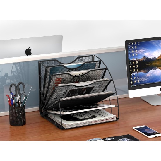 EasyPAG Fan-Shaped 6-Grid Desktop Grid Tray File Organizer, Metal, Black. EasyPAG Fan-Shaped 6-Grid Desktop Grid Tray File Organizer, Metal, Black.