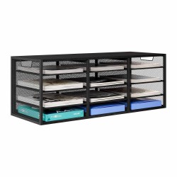 EasyPAG 4-Tier 12-Grid File Tray, Metal Wood File Holder, Magazine Organizer, Black Grid Design, Suitable for Home or Office Use.