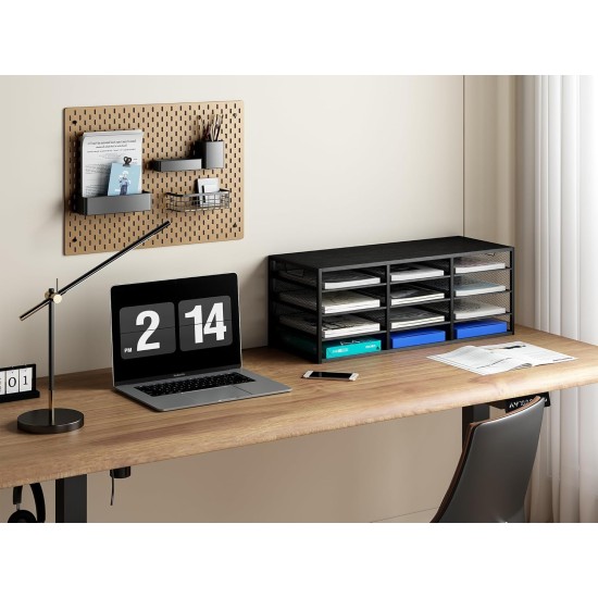 EasyPAG 4-Tier 12-Grid File Tray, Metal Wood File Holder, Magazine Organizer, Black Grid Design, Suitable for Home or Office Use. EasyPAG 4-Tier 12-Grid File Tray, Metal Wood File Holder, Magazine Organizer, Black Grid Design, Suitable for Home or Office Use.