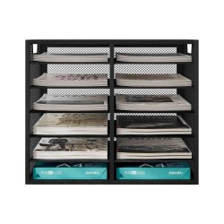 EasyPAG 4-Tier 12-Grid File Tray, Metal Wood File Holder, Magazine Organizer, Black Grid Design, Suitable for Home or Office Use.