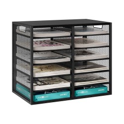 EasyPAG 4-Tier 12-Grid File Tray, Metal Wood File Holder, Magazine Organizer, Black Grid Design, Suitable for Home or Office Use.