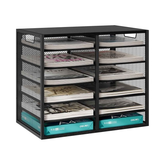 EasyPAG 4-Tier 12-Grid File Tray, Metal Wood File Holder, Magazine Organizer, Black Grid Design, Suitable for Home or Office Use. EasyPAG 4-Tier 12-Grid File Tray, Metal Wood File Holder, Magazine Organizer, Black Grid Design, Suitable for Home or Office Use.