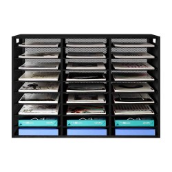 EasyPAG 9 Tier 27 File Tray, Metal Wood File Holder, Magazine Organizer, Black Grid Design, Suitable for Home or Office Use.