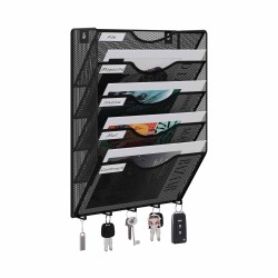 EasyPAG wall-mounted storage box, durable black metal, five-layer pockets, key and cable hooks, suitable for students working from home.