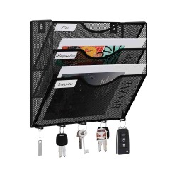 EasyPAG Wall-mounted Organizer, 3 Compartments, Accessory Hook, Black Finish - Efficiently organize documents and magazines, a must-have for home office.