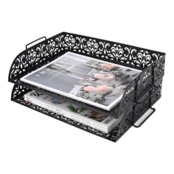 EasyPAG 2-Tier Metal Tray Stackable Storage File Rack Magazine Organizer, Black, Floral Cutout Pattern, Sturdy Handle, Efficient Use of Space.