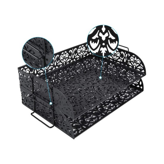 EasyPAG 2-Tier Metal Tray Stackable Storage File Rack Magazine Organizer, Black, Floral Cutout Pattern, Sturdy Handle, Efficient Use of Space. EasyPAG 2-Tier Metal Tray Stackable Storage File Rack Magazine Organizer, Black, Floral Cutout Pattern, Sturdy Handle, Efficient Use of Space.