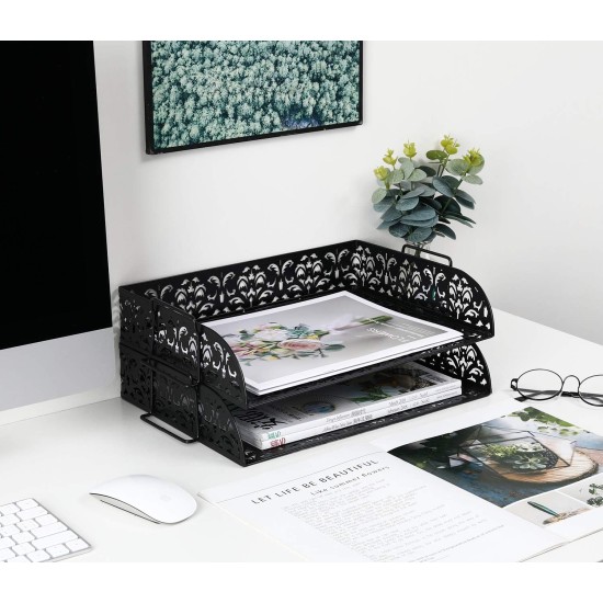 EasyPAG 2-Tier Metal Tray Stackable Storage File Rack Magazine Organizer, Black, Floral Cutout Pattern, Sturdy Handle, Efficient Use of Space. EasyPAG 2-Tier Metal Tray Stackable Storage File Rack Magazine Organizer, Black, Floral Cutout Pattern, Sturdy Handle, Efficient Use of Space.