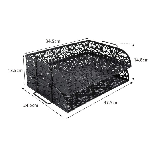 EasyPAG 2-Tier Metal Tray Stackable Storage File Rack Magazine Organizer, Black, Floral Cutout Pattern, Sturdy Handle, Efficient Use of Space. EasyPAG 2-Tier Metal Tray Stackable Storage File Rack Magazine Organizer, Black, Floral Cutout Pattern, Sturdy Handle, Efficient Use of Space.
