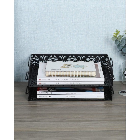 EasyPAG 2-Tier Metal Tray Stackable Storage File Rack Magazine Organizer, Black, Floral Cutout Pattern, Sturdy Handle, Efficient Use of Space. EasyPAG 2-Tier Metal Tray Stackable Storage File Rack Magazine Organizer, Black, Floral Cutout Pattern, Sturdy Handle, Efficient Use of Space.