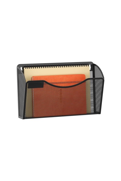 EasyPAG Wall Mounted File Organizer, stylish rectangular design, durable black metal mesh, perfect for storing documents, mail, magazines, and home office, classroom, and business use. With label board.