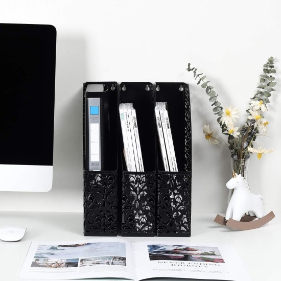 EasyPAG Black Metal Magazine Rack File Rack File Organizer with Laser Cut Pattern and Easy Access Top, Ideal for Home Office.