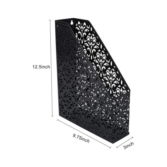 EasyPAG Black Metal Magazine Rack File Rack File Organizer with Laser Cut Pattern and Easy Access Top, Ideal for Home Office.