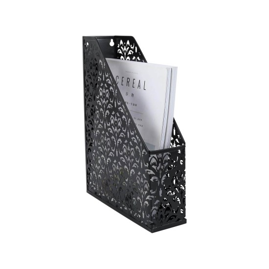 EasyPAG Black Metal Magazine Rack File Rack File Organizer with Laser Cut Pattern and Easy Access Top, Ideal for Home Office.