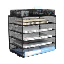 EasyPAG Grid Tray Desktop Organizer File Rack Magazine Organizer, Black, with Drawer, Five Layer Open Metal Material, Top Tray, Perfect for Organizing Office Supplies.