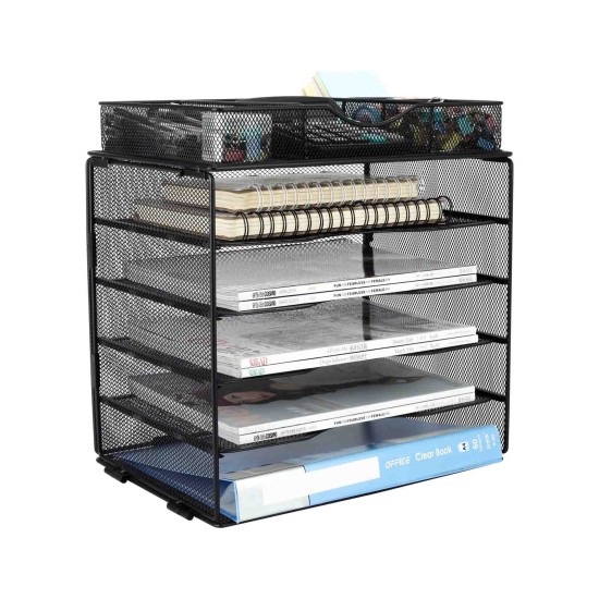 EasyPAG Grid Tray Desktop Organizer File Rack Magazine Organizer, Black, with Drawer, Five Layer Open Metal Material, Top Tray, Perfect for Organizing Office Supplies.