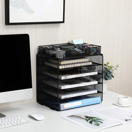 EasyPAG Grid Tray Desktop Organizer File Rack Magazine Organizer, Black, with Drawer, Five Layer Open Metal Material, Top Tray, Perfect for Organizing Office Supplies.