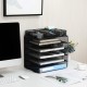 EasyPAG Grid Tray Desktop Organizer File Rack Magazine Organizer, Black, with Drawer, Five Layer Open Metal Material, Top Tray, Perfect for Organizing Office Supplies.