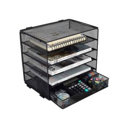 EasyPAG Grid Tray Desktop Organizer File Rack Magazine Organizer, Black, with Drawer, Five Layer Open Metal Material, Top Tray, Perfect for Organizing Office Supplies.