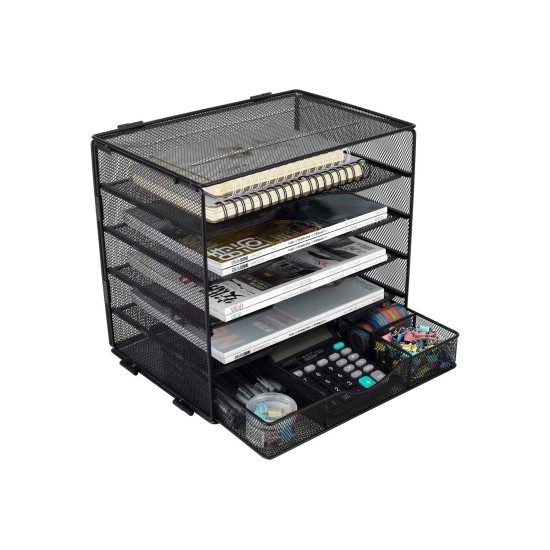 EasyPAG Grid Tray Desktop Organizer File Rack Magazine Organizer, Black, with Drawer, Five Layer Open Metal Material, Top Tray, Perfect for Organizing Office Supplies.