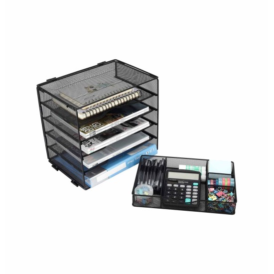 EasyPAG Grid Tray Desktop Organizer File Rack Magazine Organizer, Black, with Drawer, Five Layer Open Metal Material, Top Tray, Perfect for Organizing Office Supplies.