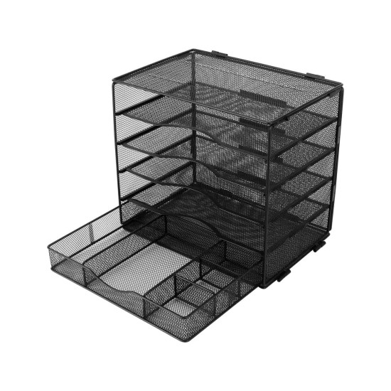 EasyPAG Grid Tray Desktop Organizer File Rack Magazine Organizer, Black, with Drawer, Five Layer Open Metal Material, Top Tray, Perfect for Organizing Office Supplies.