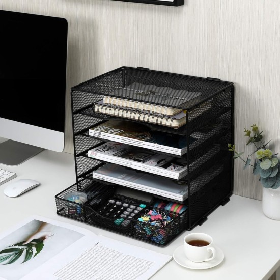 EasyPAG Grid Tray Desktop Organizer File Rack Magazine Organizer, Black, with Drawer, Five Layer Open Metal Material, Top Tray, Perfect for Organizing Office Supplies.