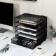EasyPAG Grid Tray Desktop Organizer File Rack Magazine Organizer, Black, with Drawer, Five Layer Open Metal Material, Top Tray, Perfect for Organizing Office Supplies.