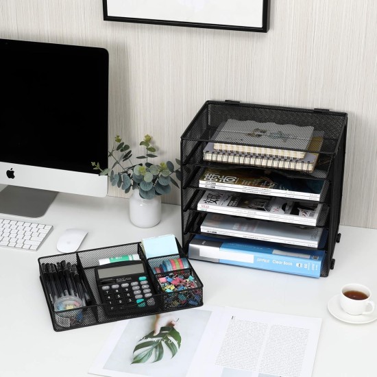 EasyPAG Grid Tray Desktop Organizer File Rack Magazine Organizer, Black, with Drawer, Five Layer Open Metal Material, Top Tray, Perfect for Organizing Office Supplies.