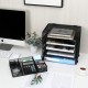EasyPAG Grid Tray Desktop Organizer File Rack Magazine Organizer, Black, with Drawer, Five Layer Open Metal Material, Top Tray, Perfect for Organizing Office Supplies.