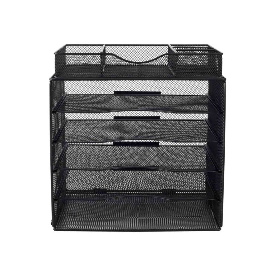 EasyPAG Grid Tray Desktop Organizer File Rack Magazine Organizer, Black, with Drawer, Five Layer Open Metal Material, Top Tray, Perfect for Organizing Office Supplies.