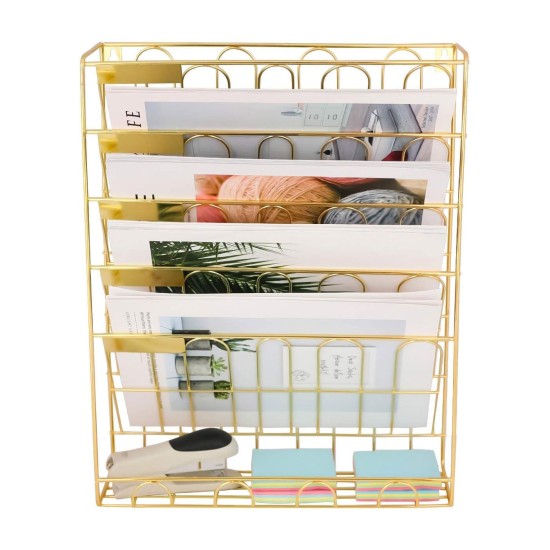 EasyPAG wall mounted organizer, sturdy metal construction, elegant gold finish, suitable for office, home and retail spaces.