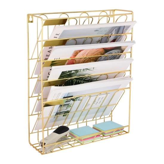 EasyPAG wall mounted organizer, sturdy metal construction, elegant gold finish, suitable for office, home and retail spaces.