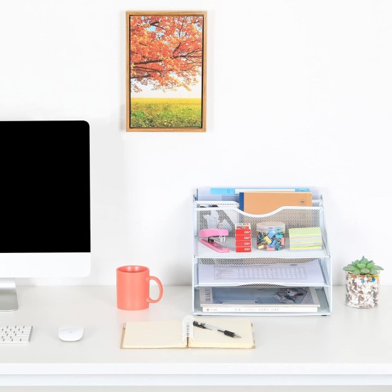 EasyPAG Desk Tidy File Rack File Organizer Magazine Storage Rack File Rack, Durable Metal Mesh, Three-Layer Structure, White.