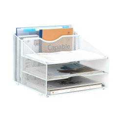EasyPAG Desk Tidy File Rack File Organizer Magazine Storage Rack File Rack, Durable Metal Mesh, Three-Layer Structure, White.