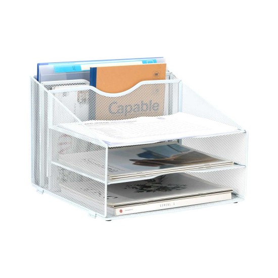 EasyPAG Desk Tidy File Rack File Organizer Magazine Storage Rack File Rack, Durable Metal Mesh, Three-Layer Structure, White.