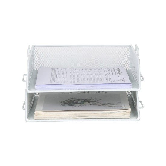 EasyPAG desktop document organizer, double layer, sturdy metal mesh, plenty of space for documents, soft white. Paper document letter organizer.